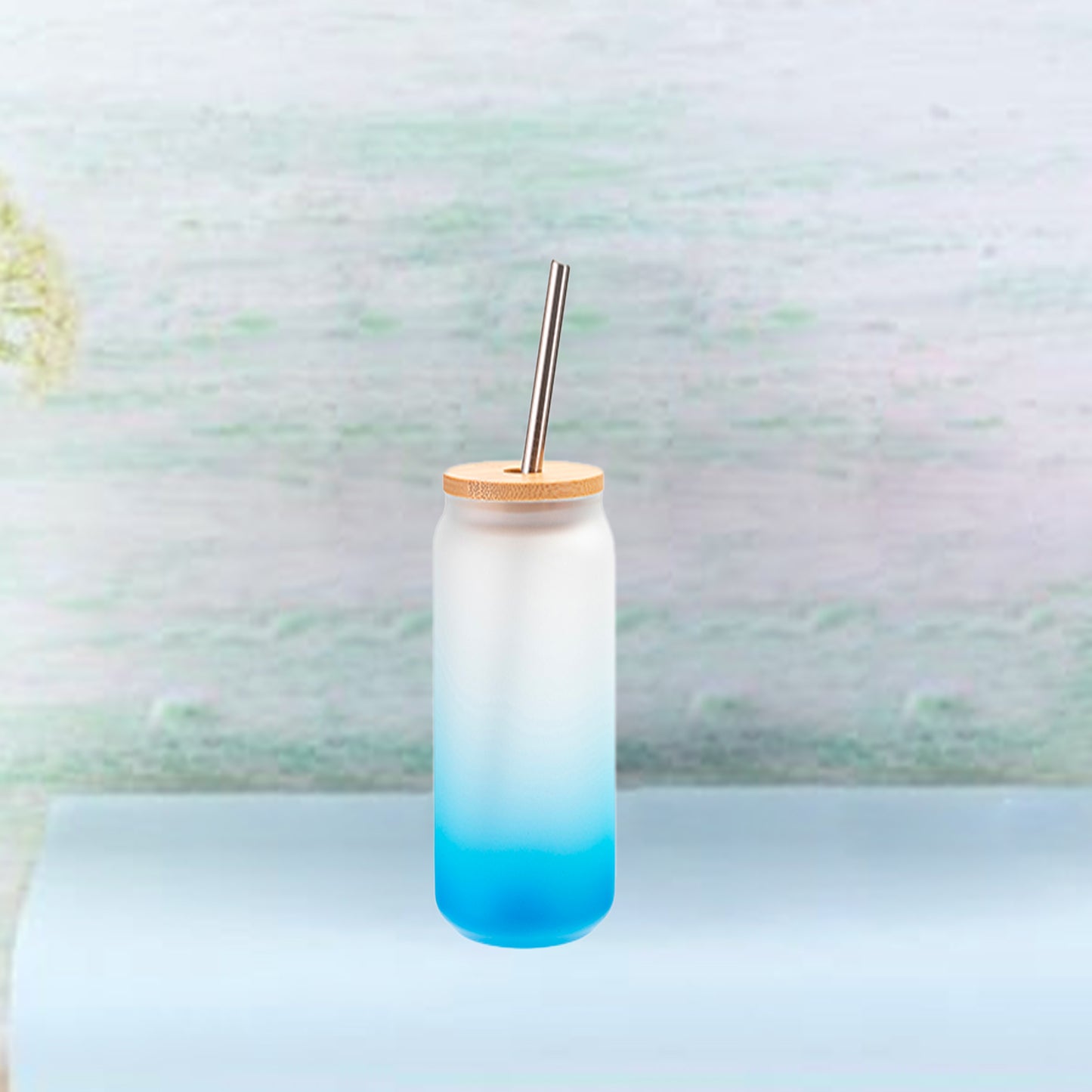 13oz/400ml Full Color Can Glass Mug with Bamboo Lid(Blue)