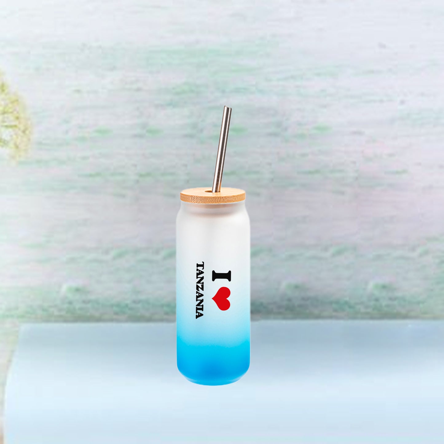 13oz/400ml Full Color Can Glass Mug with Bamboo Lid(Blue)