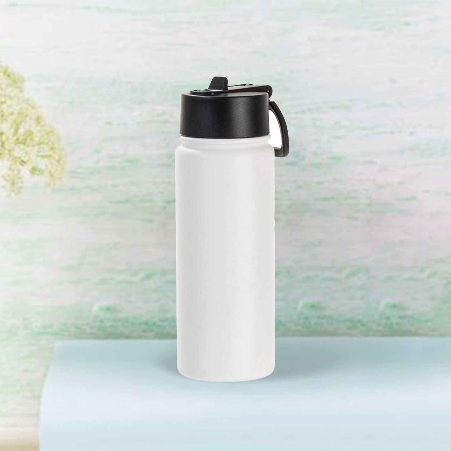 18oz/550ml Stainless Steel Water Bottle w/ Wide Mouth Straw Lid & Rotating Handle(White)