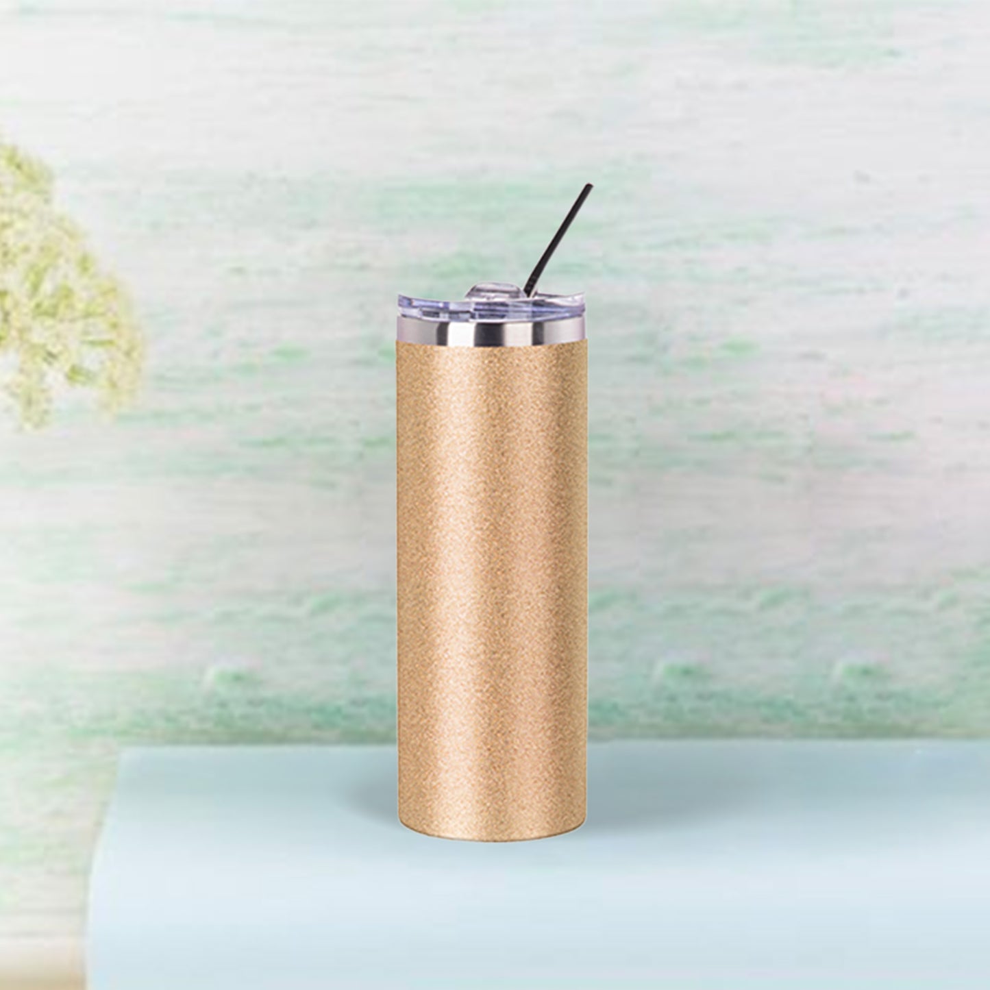 20oz/600ml Glitter Stainless Steel Skinny Tumbler with Straw & Lid(Gold)