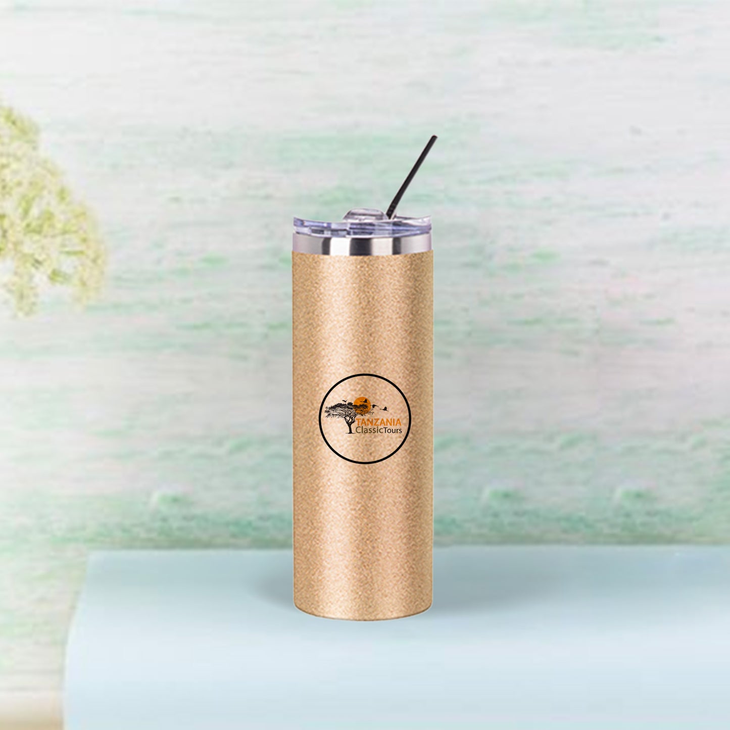 20oz/600ml Glitter Stainless Steel Skinny Tumbler with Straw & Lid(Gold)