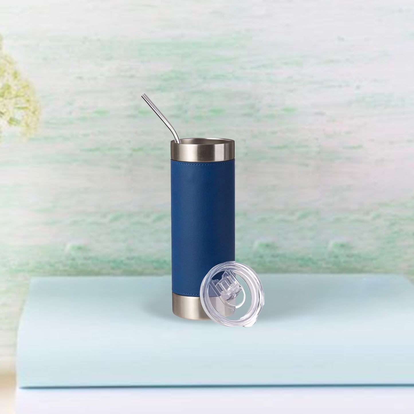 20oz/600ml PU Leather Sleeve Stainless Steel Skinny Tumbler(Yellow Brown/Silver)