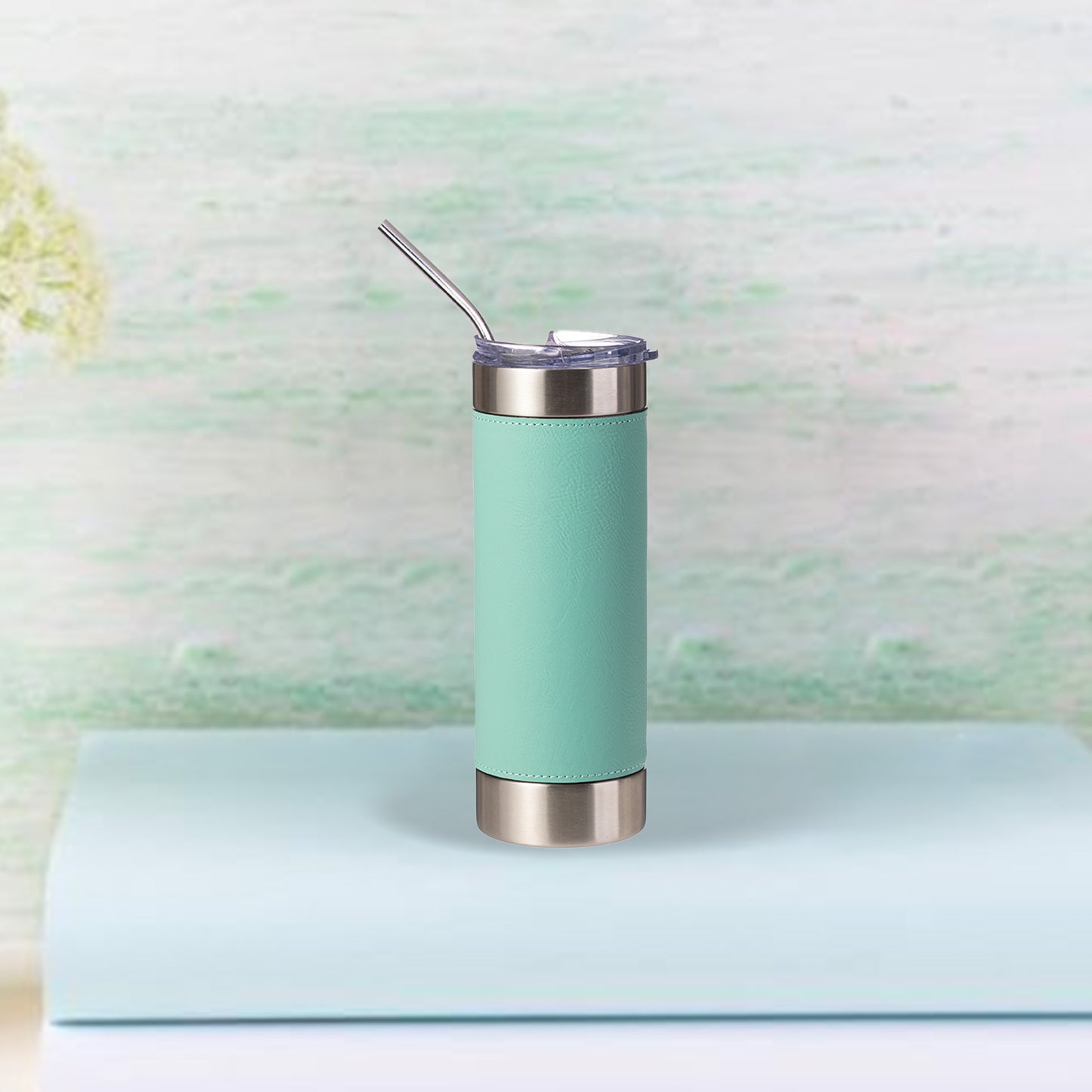20oz/600ml PU Leather Sleeve Stainless Steel Skinny Tumbler(Mint Green/Silver)