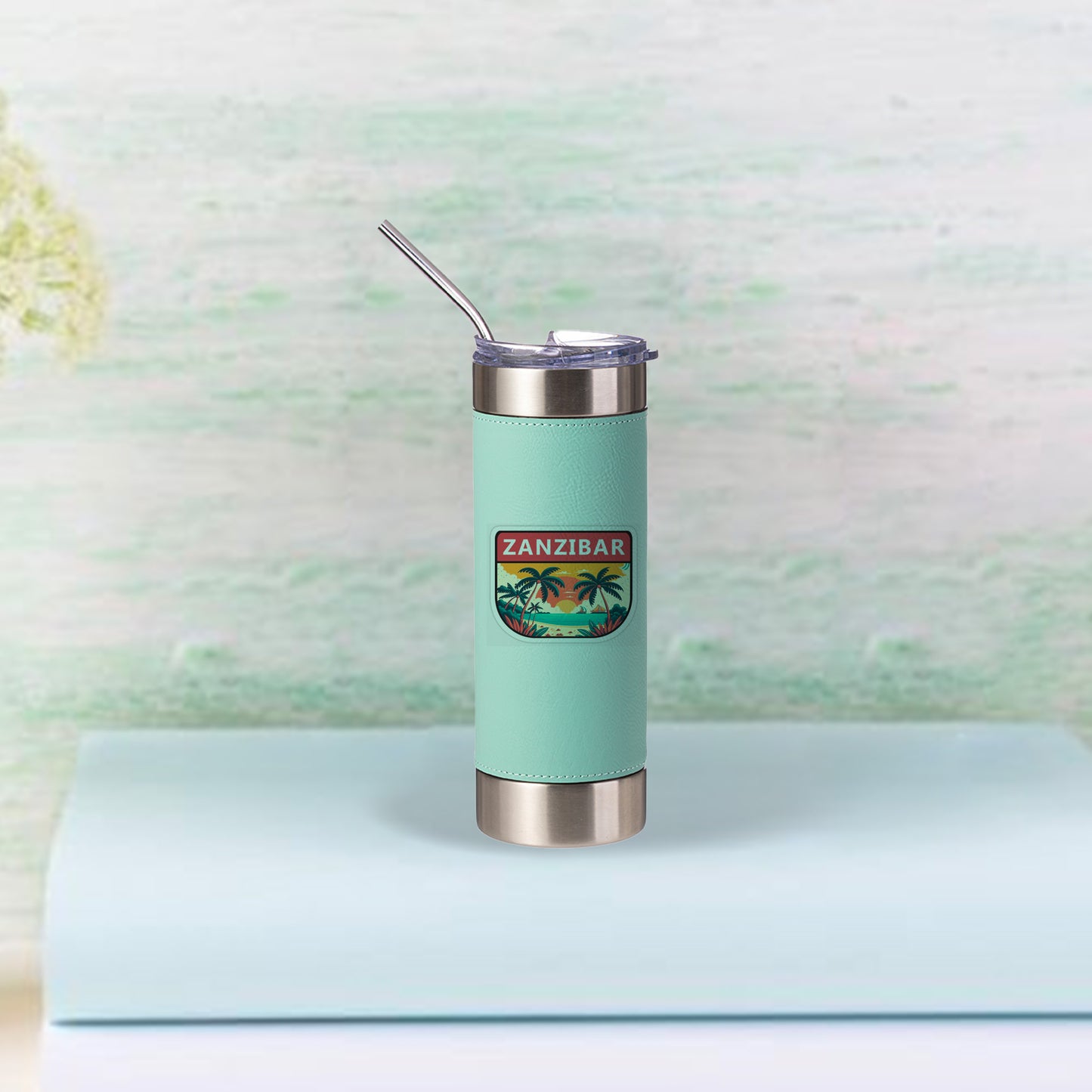 20oz/600ml PU Leather Sleeve Stainless Steel Skinny Tumbler(Mint Green/Silver)
