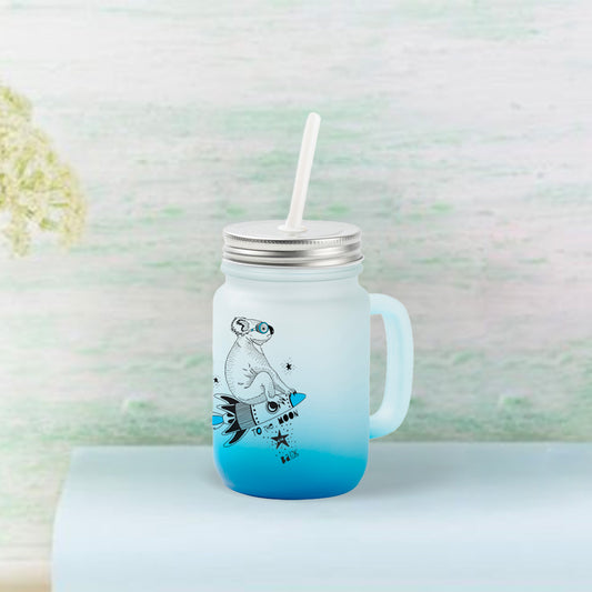 12oz/350ml Mason Jar w/ Straw(Frosted, Gradient Light Blue)