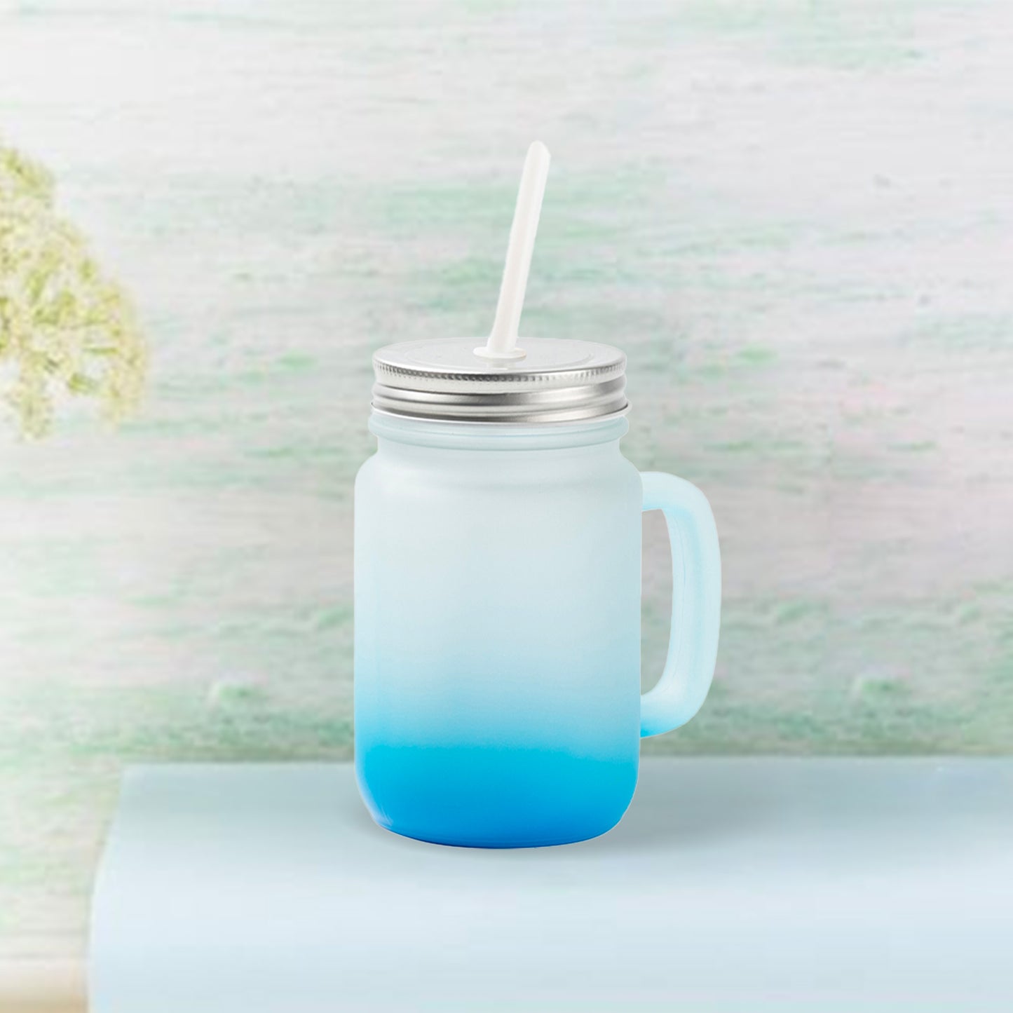 12oz/350ml Mason Jar w/ Straw(Frosted, Gradient Light Blue)