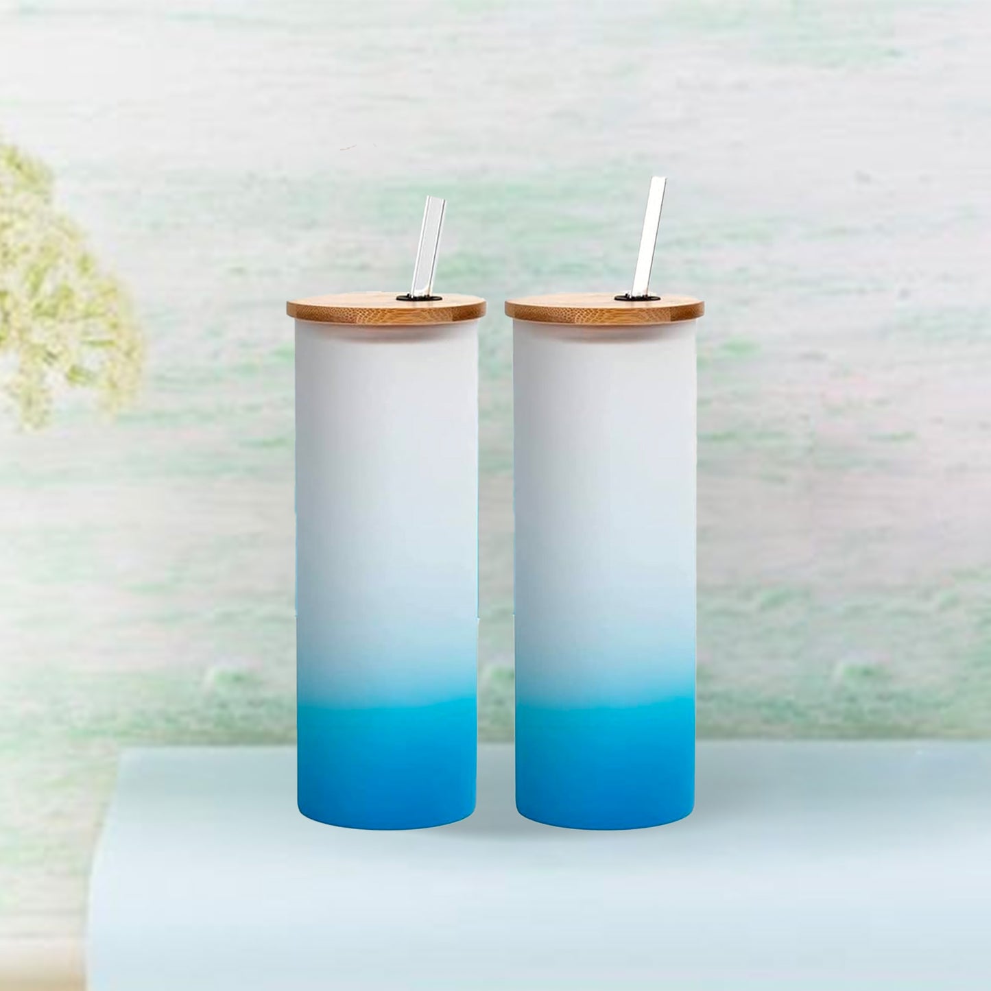 17oz/500ml Glass Skinny Tumbler w/Straw & Bamboo Lid(Frosted, Gradient Dark Blue)