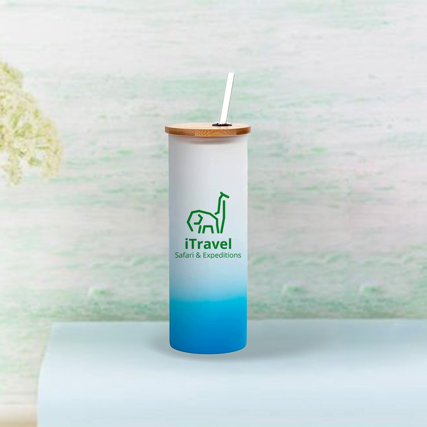 17oz/500ml Glass Skinny Tumbler w/Straw & Bamboo Lid(Frosted, Gradient Dark Blue)