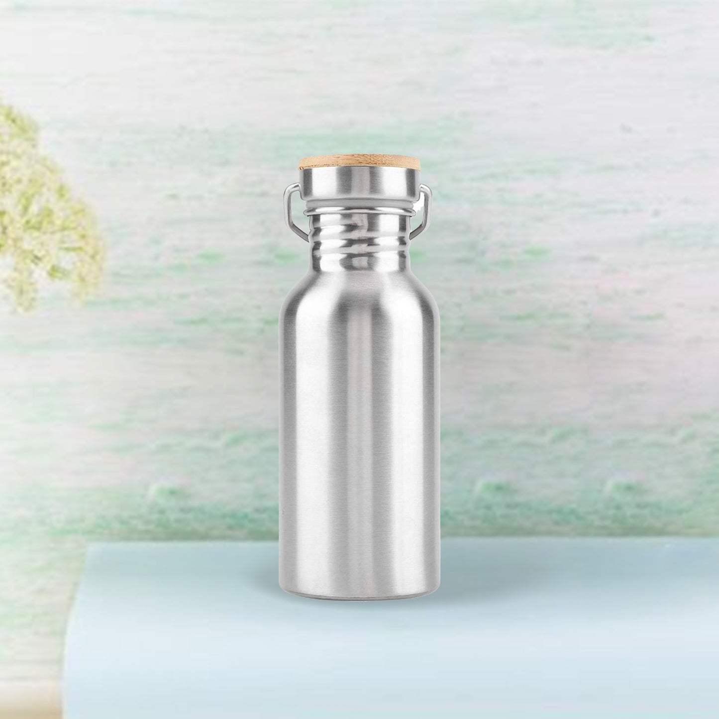 750ml/17oz Portable Bamboo Lid Stainless Steel Bottle(Silver)