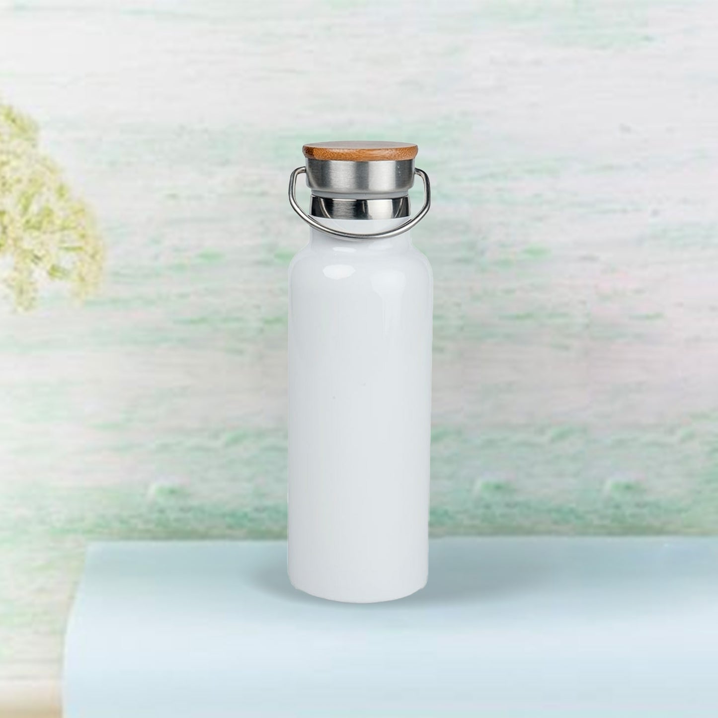 750ml/25oz  Portable Bamboo Lid Stainless Steel Bottle(White)