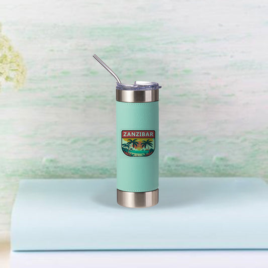 20oz/600ml PU Leather Sleeve Stainless Steel Skinny Tumbler(Mint Green/Silver)