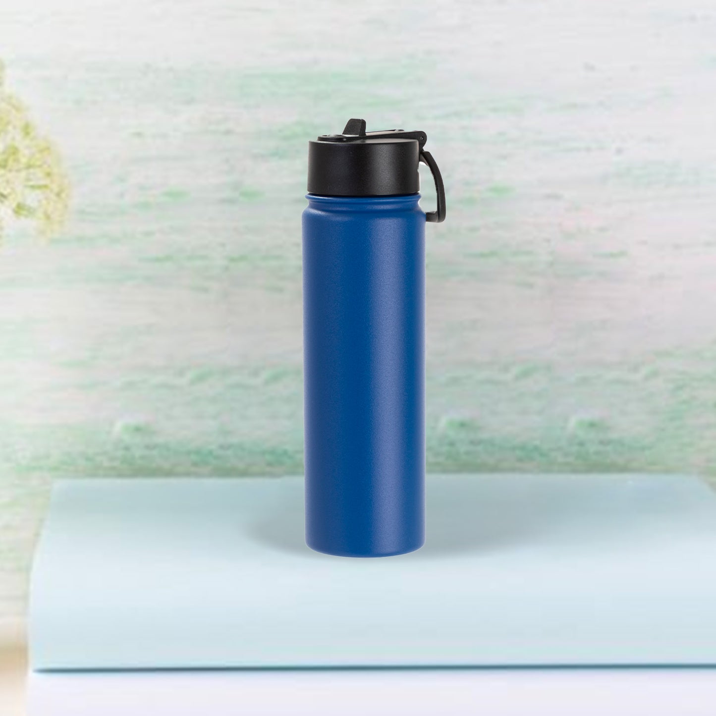 22oz/650ml Powder Coated SS Flask w/ Wide Mouth Straw Lid & Rotating Handle((Royal Blue)